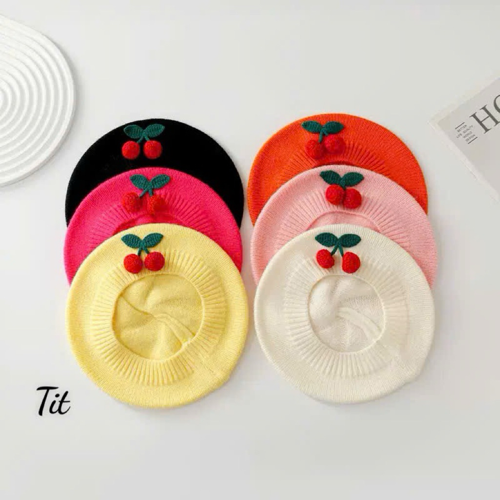 Muc nồi cho bé thêu quả cherry - Mũ beret len mềm ấm cho bé
