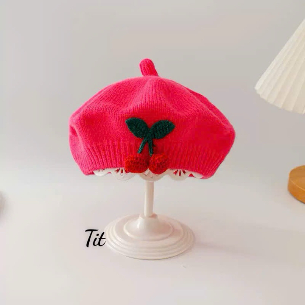 Muc nồi cho bé thêu quả cherry - Mũ beret len mềm ấm cho bé