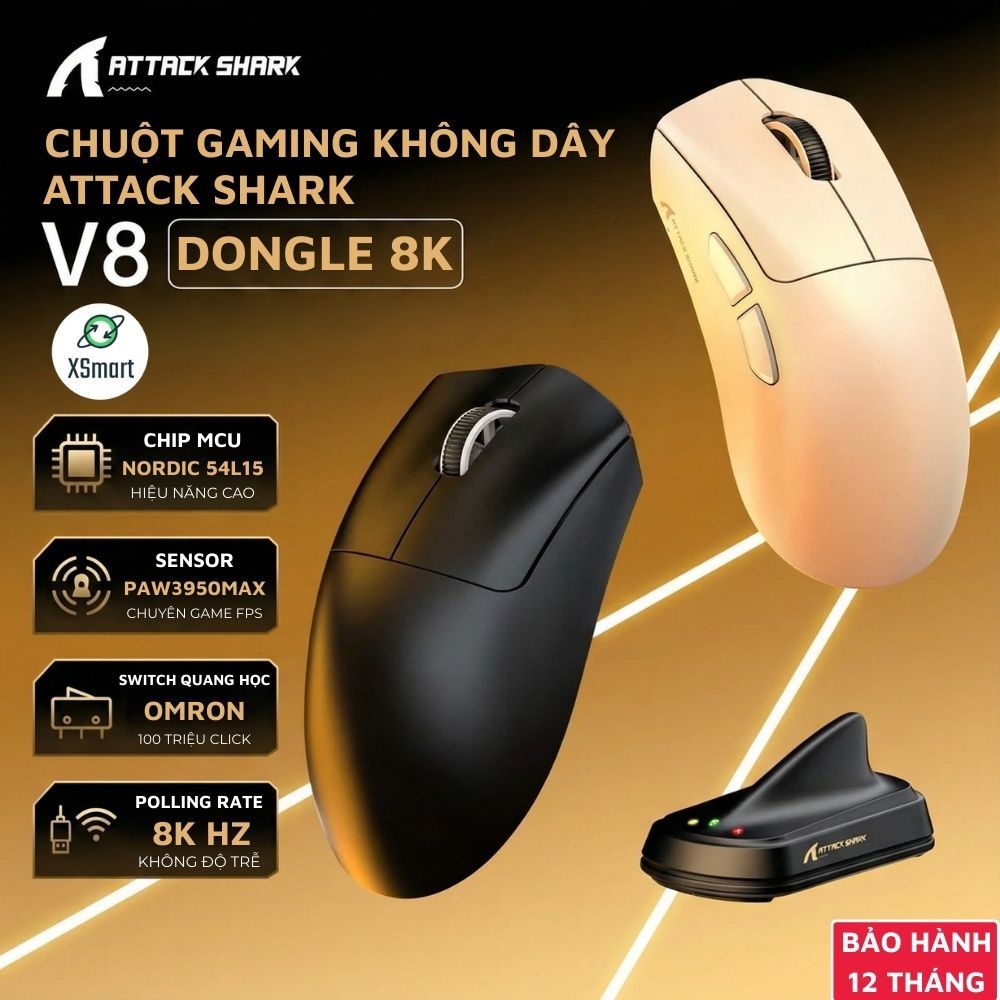 Chuột Không Dây Attack Shark V8 Ultra Sensor PAW3950Max, Polling Rate 8KHz Siêu Nhẹ 59G Switch Omron