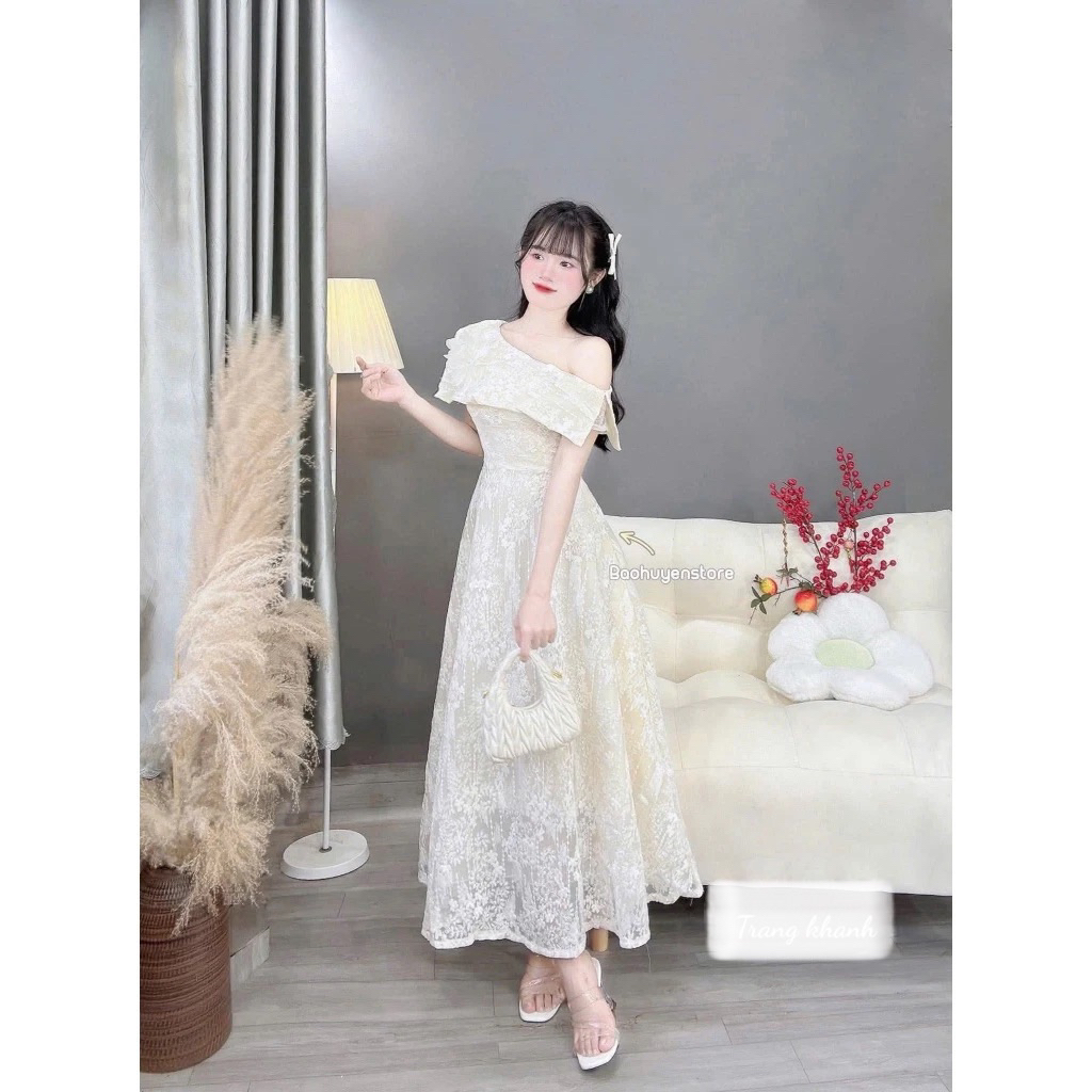 Đầm dự tiệc ren xoè lệch vai dáng dài kèm tag hoa sang trọng tôn dáng chất vải ren xịn - pusu house