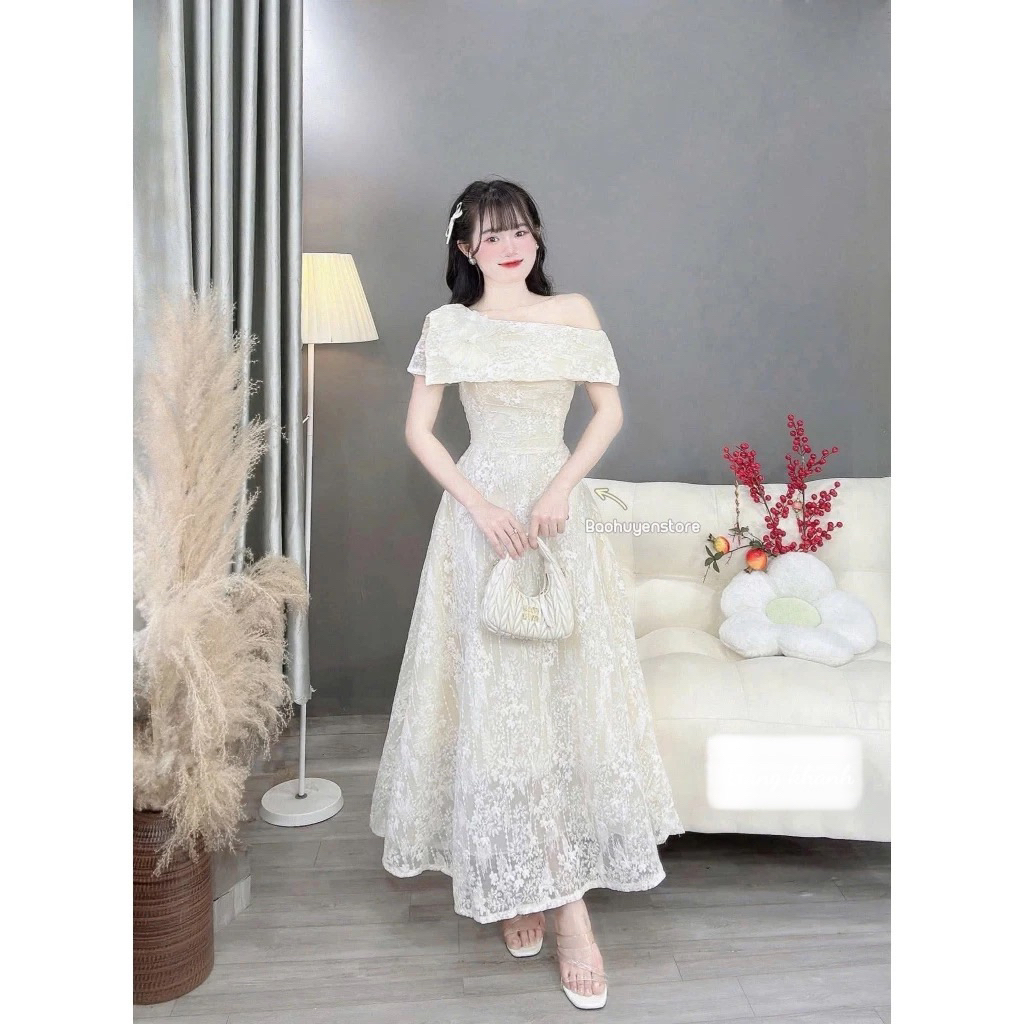 Đầm dự tiệc ren xoè lệch vai dáng dài kèm tag hoa sang trọng tôn dáng chất vải ren xịn - pusu house