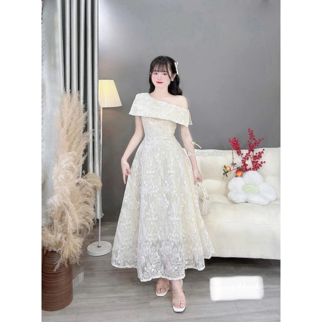 Đầm dự tiệc ren xoè lệch vai dáng dài kèm tag hoa sang trọng tôn dáng chất vải ren xịn - pusu house