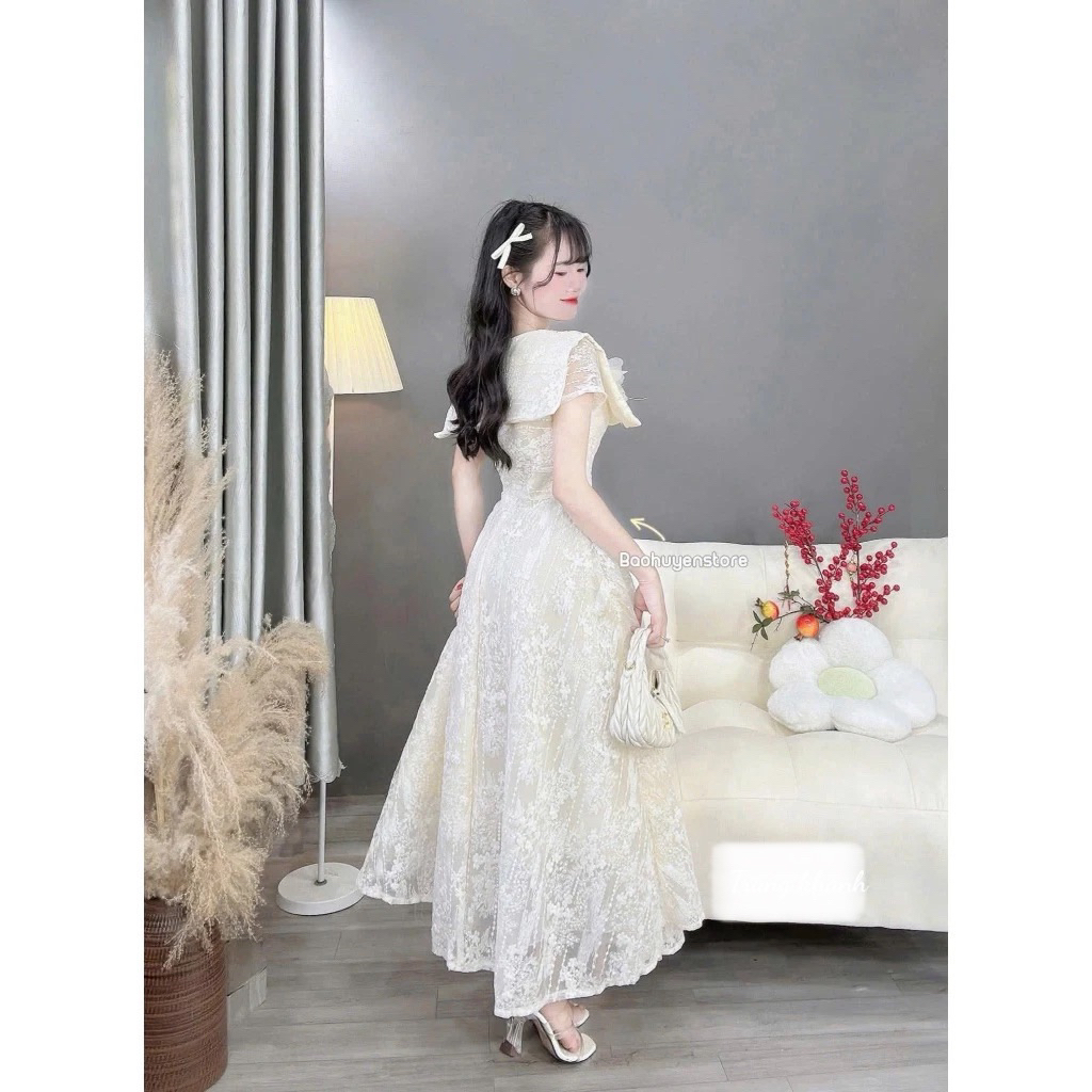 Đầm dự tiệc ren xoè lệch vai dáng dài kèm tag hoa sang trọng tôn dáng chất vải ren xịn - pusu house