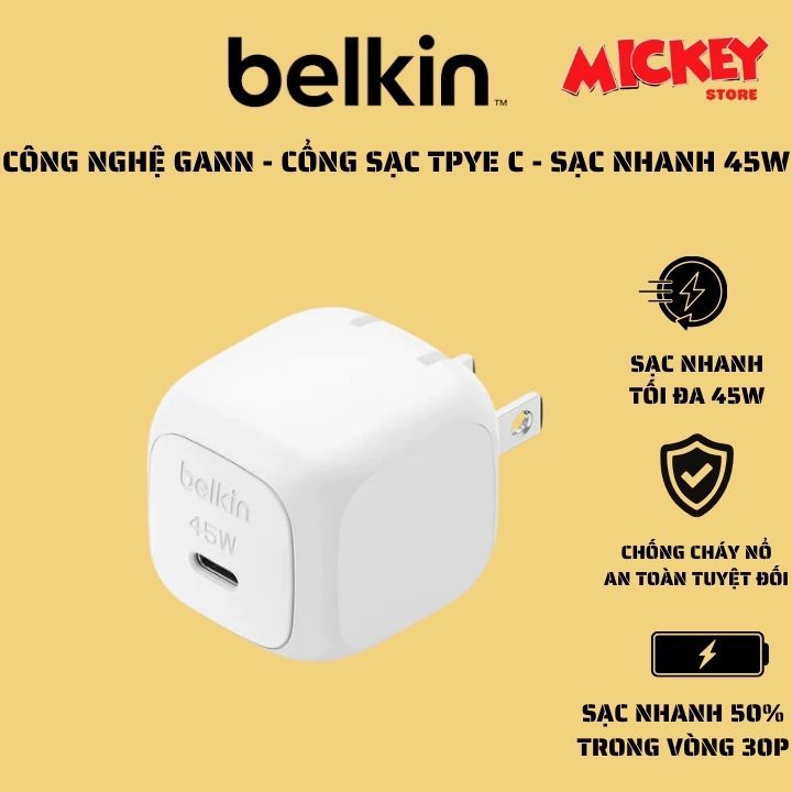 Củ sạc nhanh 45W chính hãng Belkin 1 cổng USB-C chuẩn PD 3.0 PPS GanN chống cháy an toàn tuyệt đối