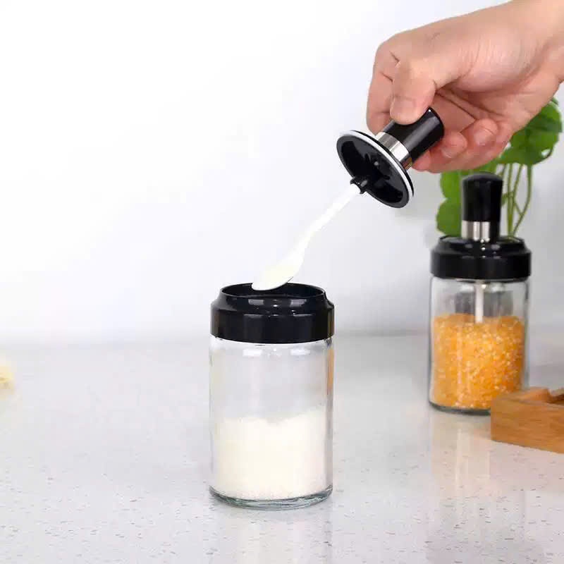 Hũ Lọ Thủy Tinh Đựng Gia Vị Kèm Thìa – Cao 14cm, Tiện Dụng Khi Nấu Ăn