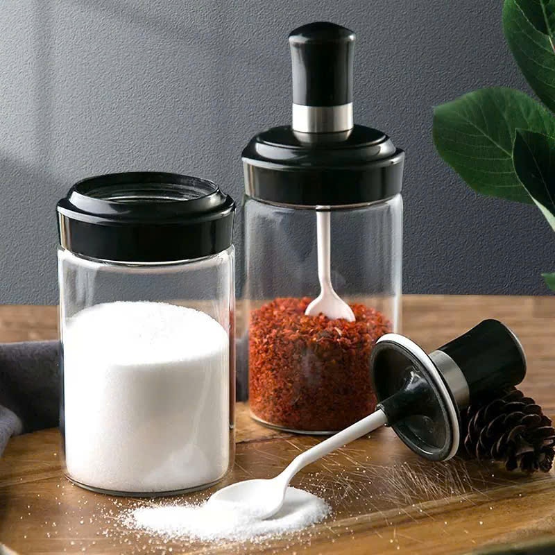 Hũ Lọ Thủy Tinh Đựng Gia Vị Kèm Thìa – Cao 14cm, Tiện Dụng Khi Nấu Ăn