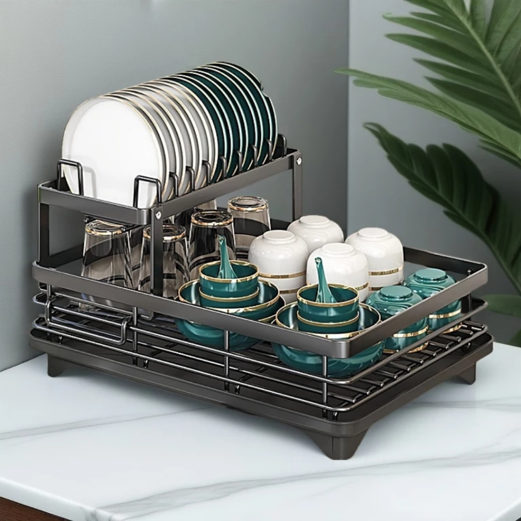 Kệ bát 2 tầng đa dụng cho bếp, thép carbon cứng cáp, úp chén bát tiện lợi tích hợp khay hứng nước
