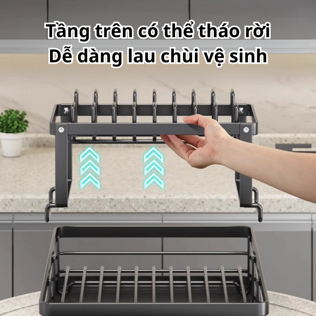 Kệ bát 2 tầng đa dụng cho bếp, thép carbon cứng cáp, úp chén bát tiện lợi tích hợp khay hứng nước
