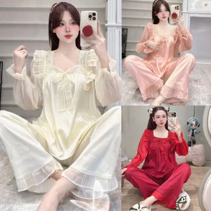Bộ Đồ Ngủ Nữ JUSOKA Pijama Phối Voan Lụa Gắn Nơ Gấm Xước Ánh Kim Tiểu Thư Cao Cấp DD54