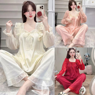 Bộ Đồ Ngủ Nữ JUSOKA Pijama Phối Voan Lụa Gắn Nơ Gấm Xước Ánh Kim Tiểu Thư Cao Cấp DD54