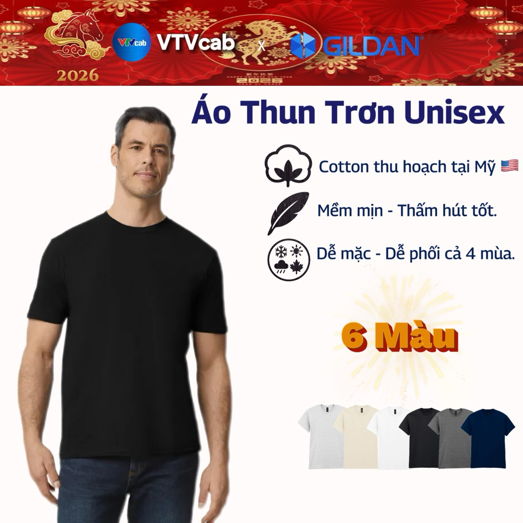 GILDAN - Áo Thun Trơn Chính Hãng từ Mỹ 100% Cotton Cao Cấp Mềm Mại Thoáng Mát, Áo Thun Nam Basic Ôm Body Cơ Bắp Fit