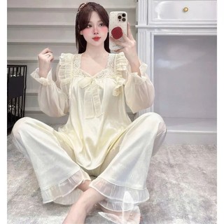Bộ Đồ Ngủ Nữ JUSOKA Pijama Phối Voan Lụa Gắn Nơ Gấm Xước Ánh Kim Tiểu Thư Cao Cấp DD54