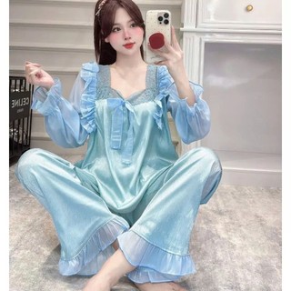 Bộ Đồ Ngủ Nữ JUSOKA Pijama Phối Voan Lụa Gắn Nơ Gấm Xước Ánh Kim Tiểu Thư Cao Cấp DD54