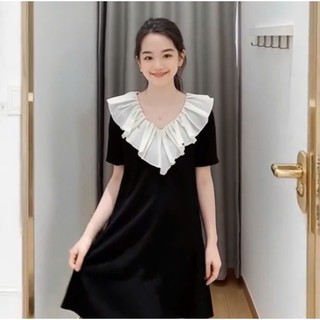 Váy bầu suông đen ViBa [VB34] thiết kế  phối bèo cổ kem