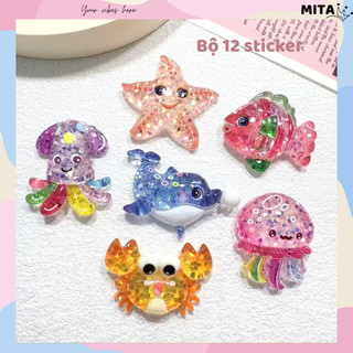 Set 12 Sticker, Charm 3D chủ đề Sứa biển lấp lánh gắn Dép Sục, Cá Sấu JB-269 Mita