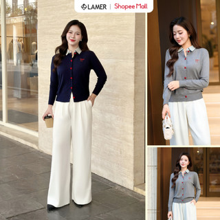 [LAMER] Áo Len Cardigan Phối Cổ Sơ Mi Áo Khoác Len Mỏng Thu Đông O61W25Q016