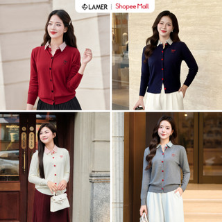 [LAMER] Áo Len Cardigan Phối Cổ Sơ Mi Áo Khoác Len Mỏng Thu Đông O61W25Q016