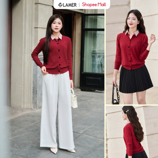 [LAMER] Áo Len Cardigan Phối Cổ Sơ Mi Áo Khoác Len Mỏng Thu Đông O61W25Q016