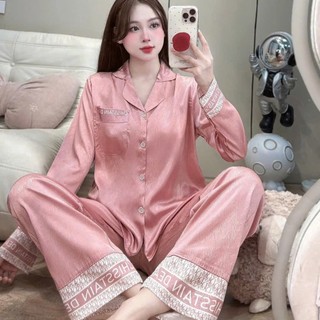 [DEAL MỞ BÁN] Bộ Đồ Ngủ Nữ JUSOKA Pijama Viền Chữ Lụa Gấm Xước Ánh Kim Dài Tay Dáng Tiểu Thư Cao Câp DD48