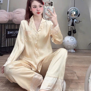 [DEAL MỞ BÁN] Bộ Đồ Ngủ Nữ JUSOKA Pijama Viền Chữ Lụa Gấm Xước Ánh Kim Dài Tay Dáng Tiểu Thư Cao Câp DD48