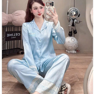 [DEAL MỞ BÁN] Bộ Đồ Ngủ Nữ JUSOKA Pijama Viền Chữ Lụa Gấm Xước Ánh Kim Dài Tay Dáng Tiểu Thư Cao Câp DD48