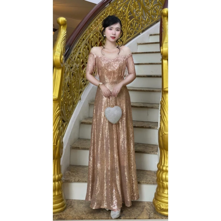Đầm Kim Sa Tua Rua Dáng Xòe – Phong Cách Dạ Hội Cao Cấp, đầm dạ hội trung niên, M118