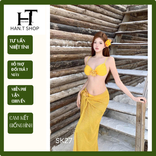 Ms 081 BIKINI Tam giác đính hoa, phối khăn quấn ren dài hàng QC cao cấp, hai màu HAN.T Shop