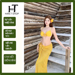 Ms 081 BIKINI Tam giác đính hoa, phối khăn quấn ren dài hàng QC cao cấp, hai màu HAN.T Shop