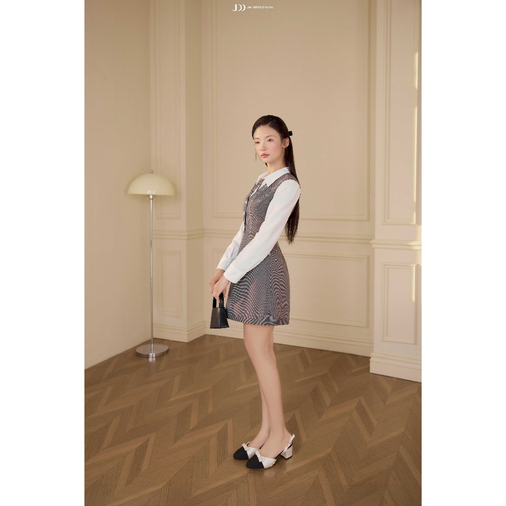 Đầm Thu Đông Cổ V Phối Sơ Mi 1F07.2601, Đầm Dáng Chữ A Ôm Eo Phong Cách Thanh Lịch, Classic, Preppy Design By JM