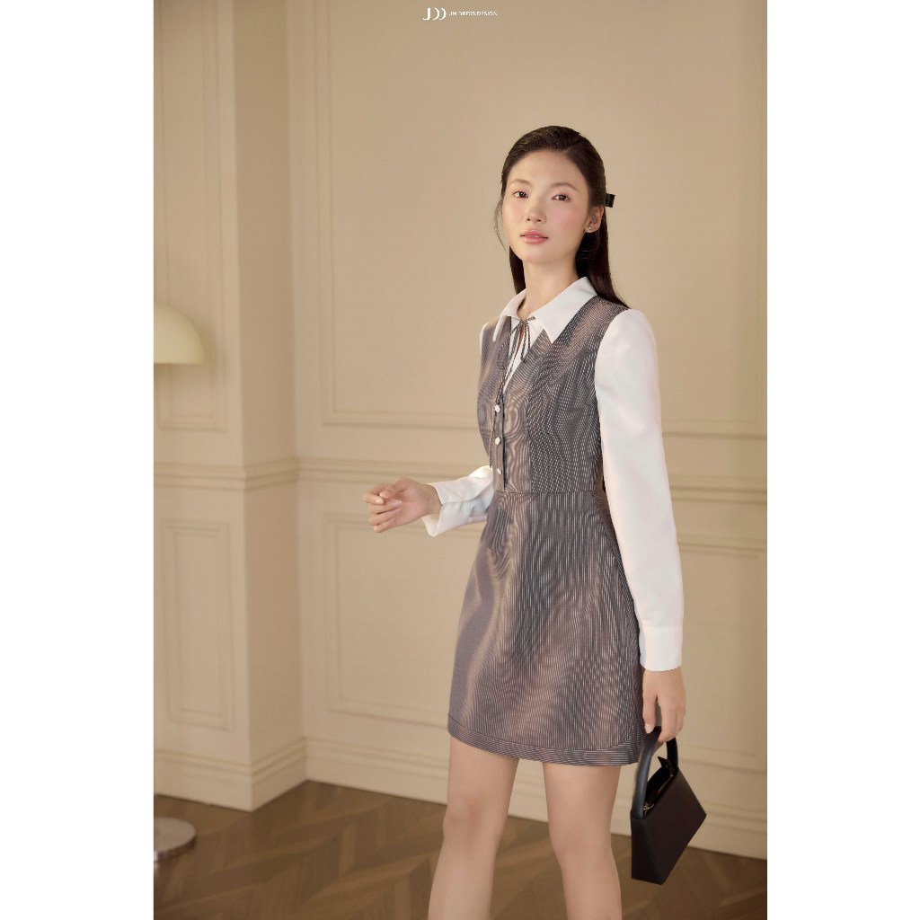 Đầm Thu Đông Cổ V Phối Sơ Mi 1F07.2601, Đầm Dáng Chữ A Ôm Eo Phong Cách Thanh Lịch, Classic, Preppy Design By JM