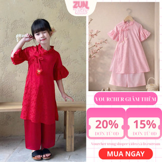 Áo Dài Bé Gái Gấm Kim Uyển Cổ Vạt Chéo AZB611 – Áo Dài Cách Tân Tết Cho Bé
