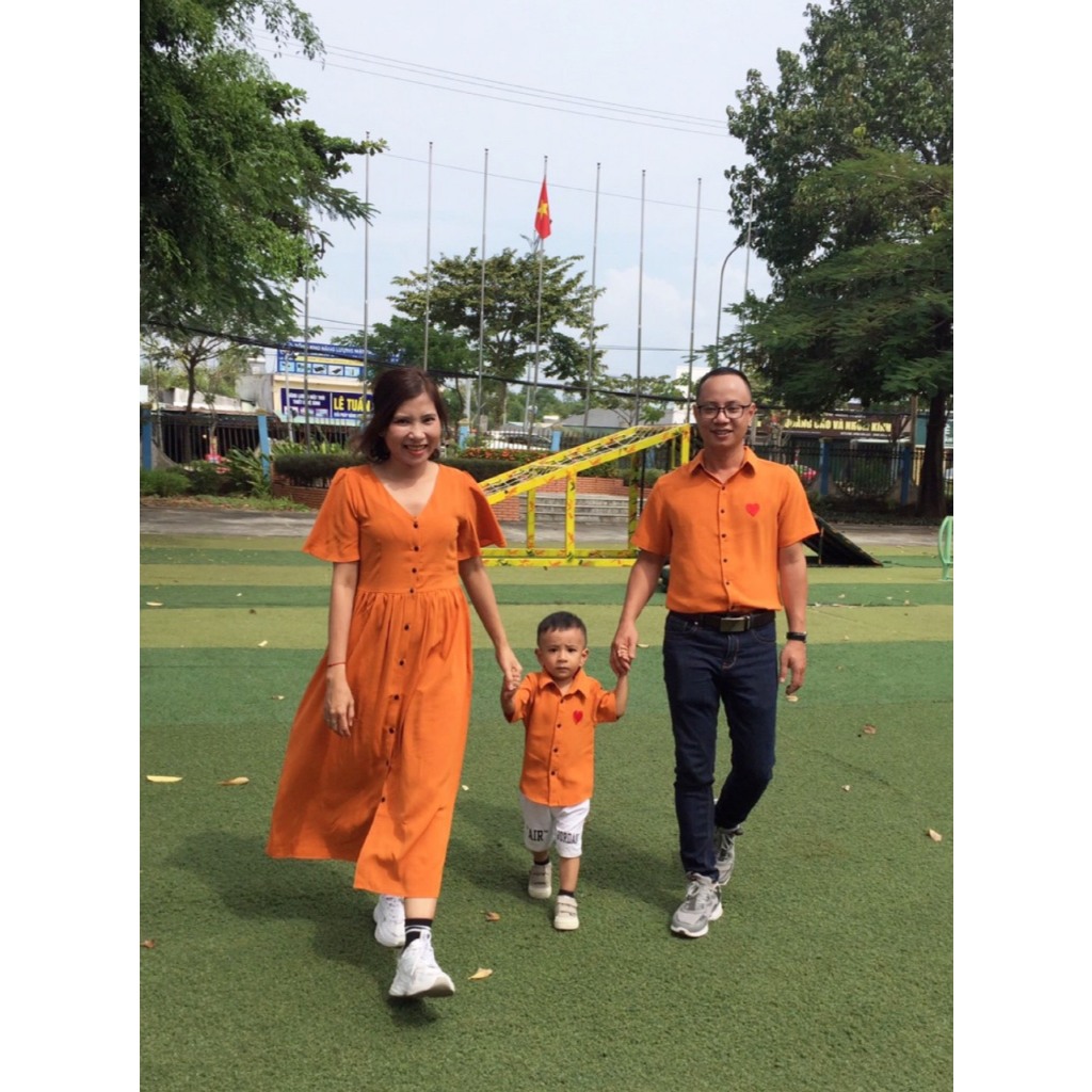 Combo Gia Đình Fig Tree Sơ Mi Nam Váy Nữ Màu Cam Đũi Tươi Sáng Đi Tiệc - Du Lịch - Chụp Hình