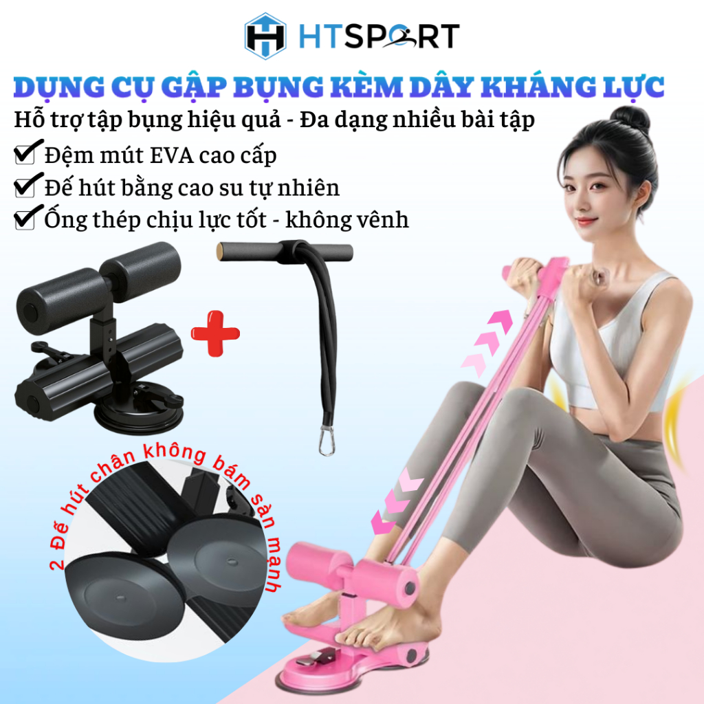 Dụng Cụ Gập Bụng 2 Trong 1 Kèm Dây Kéo Đàn Hồi 4 Ống, Hỗ Trợ Luyện Tập Cơ Bụng, Eo, Tay Tại Nhà