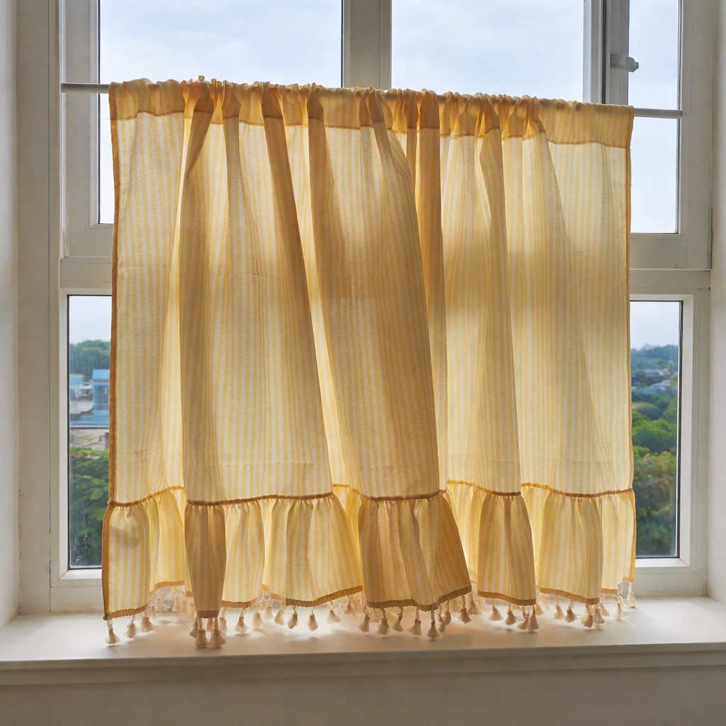 (CAFE CURTAIN) Rèm Cửa Sổ Bèo Nhún Kèm Ren Bi Vải Caro/Sọc Vintage Luồn ...