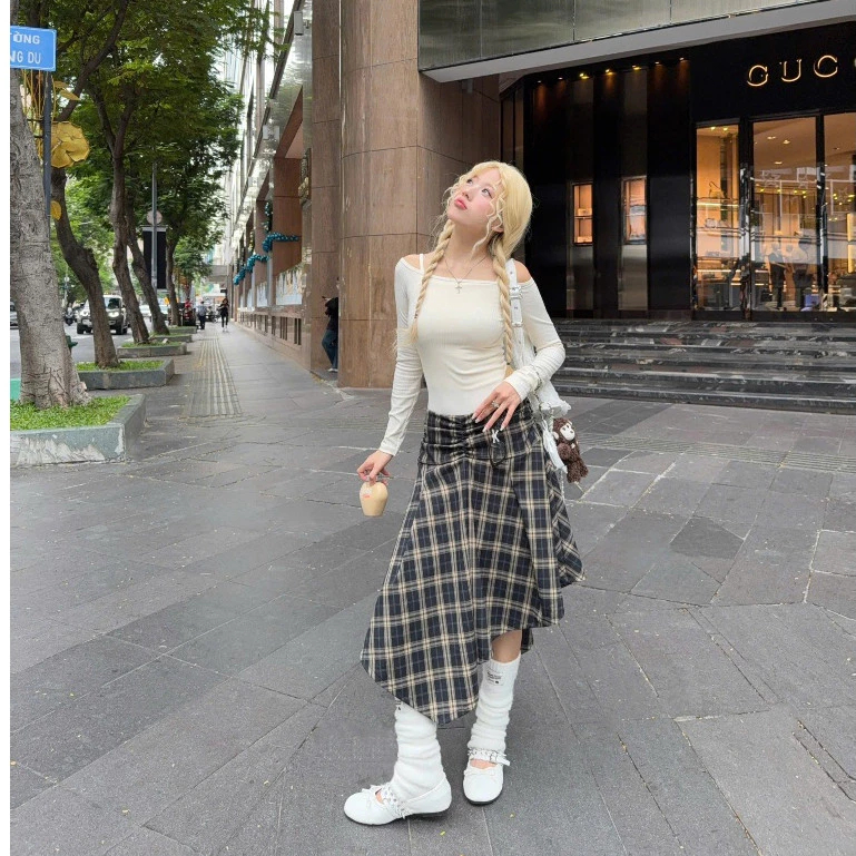 [BIGSIZE01] Chân Váy Dáng Dài Vạt Chéo Bigsize, chân váy dài họa tiết caro kẻ sọc | KHAO Boutique