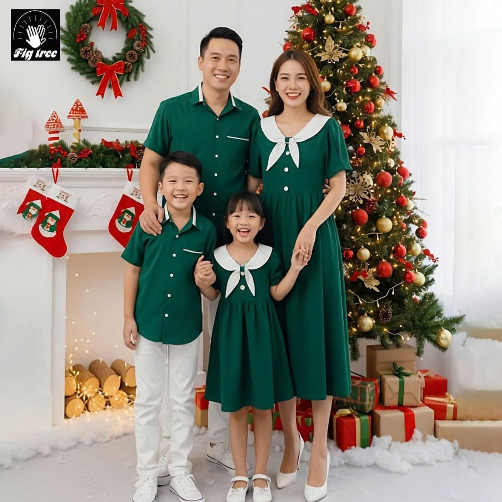 Đồ Gia Đình Fig Tree Màu Xanh Rêu Phối Trắng, Vải Đũi Cao Cấp Chụp Hình Noel , Đón Tết Siêu Sang