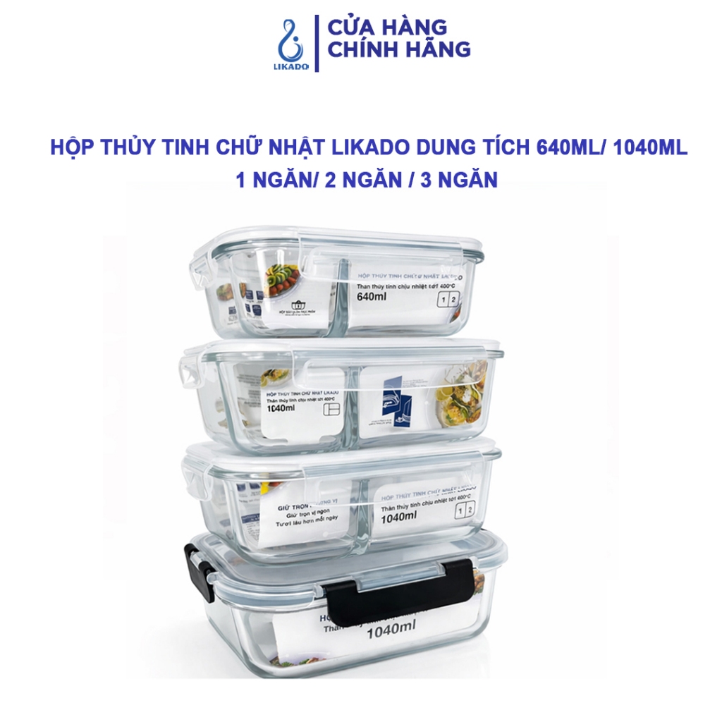 Hộp thủy tinh chữ nhật Likado chịu nhiệt, nắp đậy kín, dùng được trong lò vi sóng