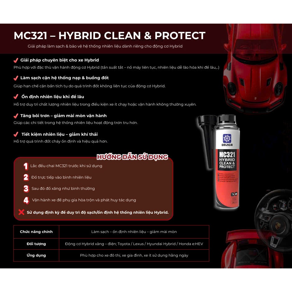 [Xe Xăng Hybrid] Onzca MC321 - Dung Dịch Phụ Gia Bảo Vệ Hệ Thống Xăng Hybrid - Dung Tích 300ml