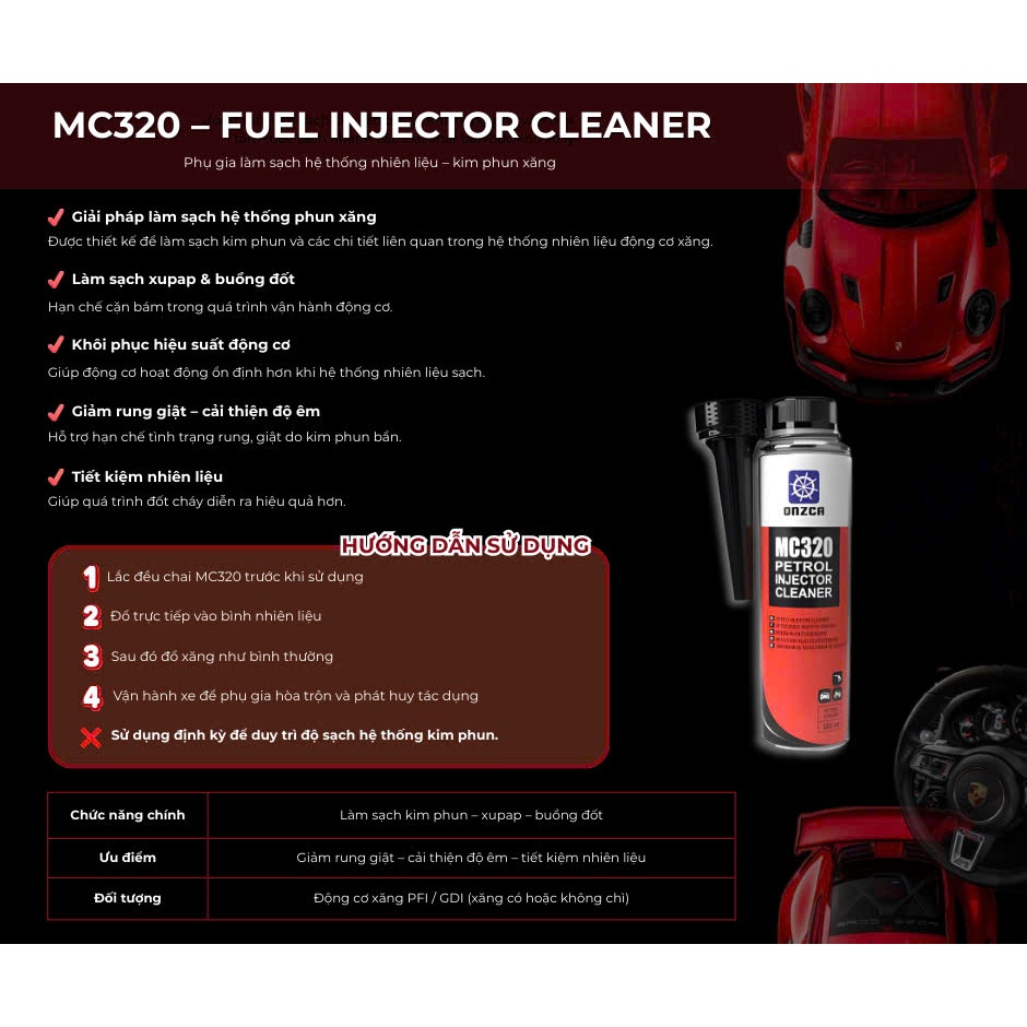 [Xe Xăng] ONZCA MC320 - Dung Dịch Phụ Gia Vệ Sinh Kim Phun Hệ Thống Xăng - Dung Tích 300ml
