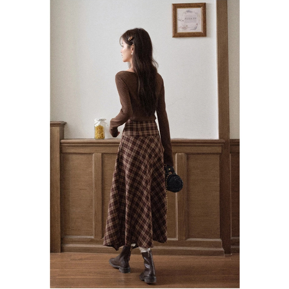 [BIGSIZE03] Chân váy dài caro nâu bigsize bất đối xứng phối khoá cài vintage thanh lịch KHAO Boutique
