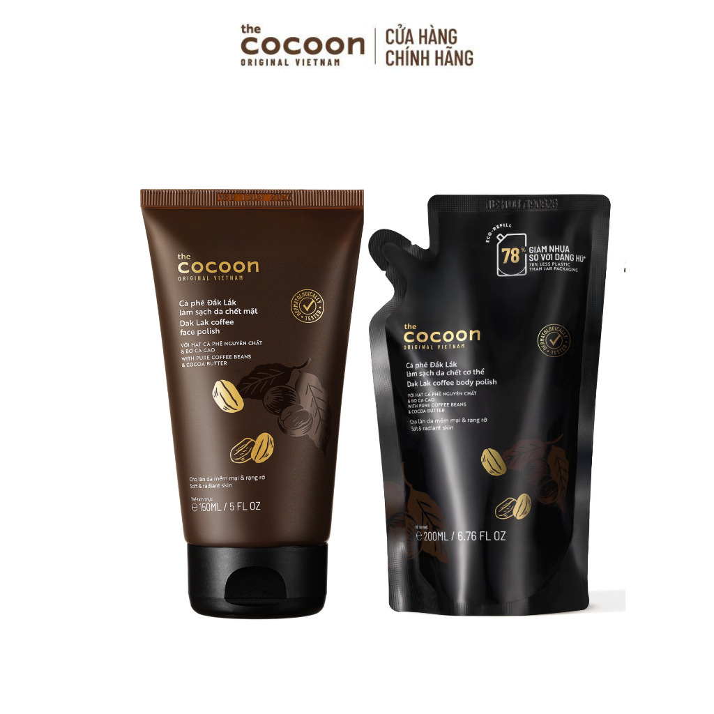 [MUA 2 GIẢM 43%] Combo Tẩy da chết mặt cà phê 150ml & Túi Refill Tẩy da chết cơ thể cà phê Đắk Lắk Cocoon 200ml