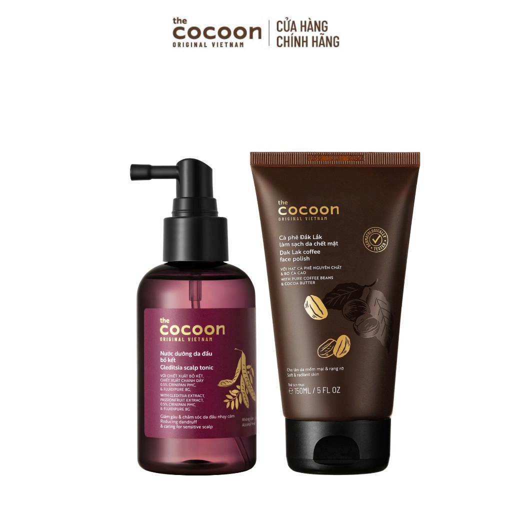 [MUA 2 GIẢM 42%] Combo Nước dưỡng da đầu bồ kết 140ml & Tẩy da chết mặt cà phê Đắk Lắk Cocoon 150ml