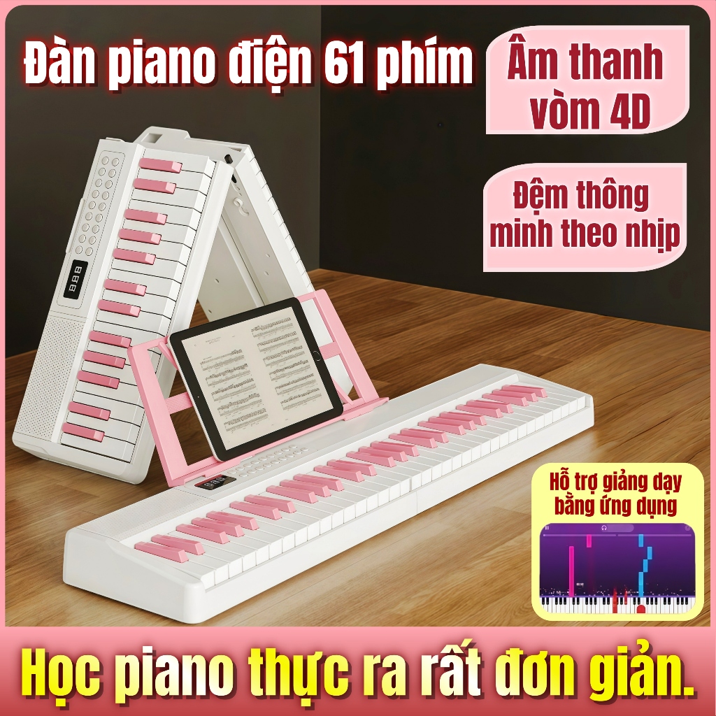 Đàn Piano Điện Gấp Gọn 61 Phím, Đàn Organ Mini Cho Bé & Người Mới Học, Pin Sạc, Cổng Tai Nghe, Bản Bluetooth