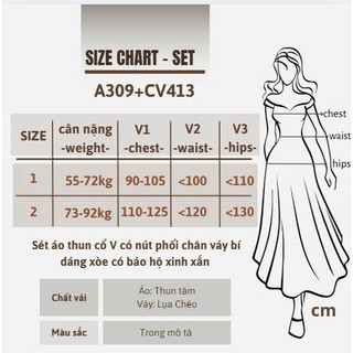 Set bigsize nữ mặc đẹp che khuyết điểm, áo cổ tim rút eo tôn vòng 1 + váy xòe 55-92kg A309+CV413