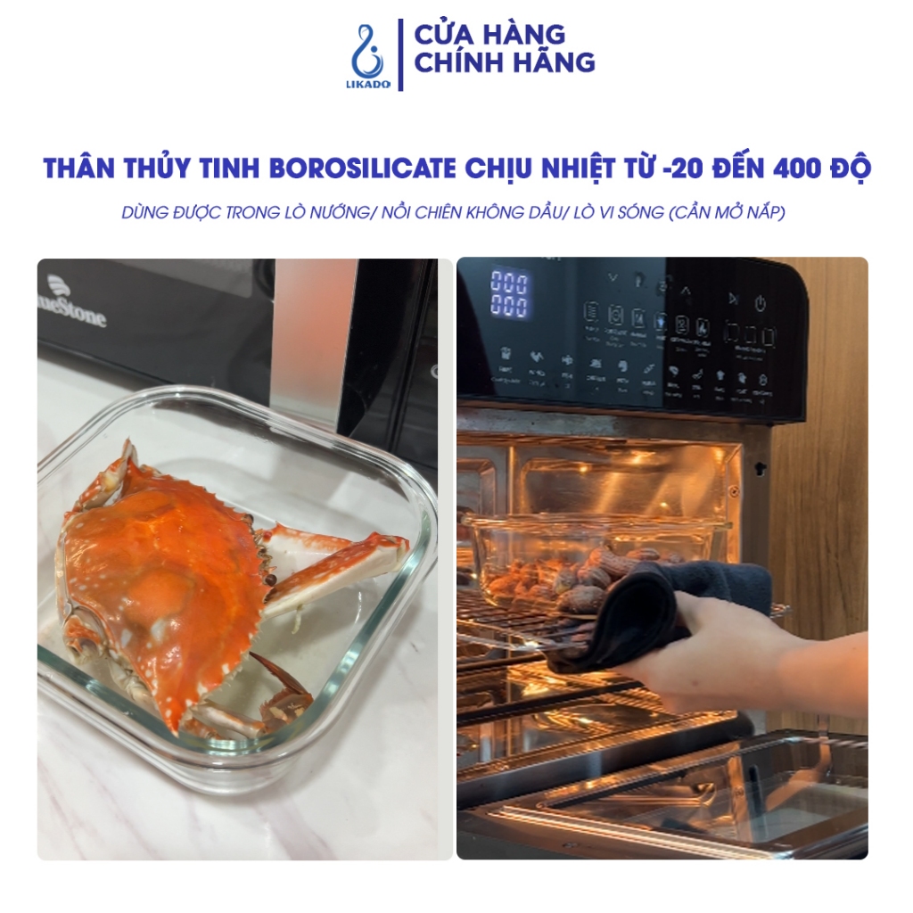 Hộp thủy tinh vuông Likado chịu nhiệt, nắp đậy kín, dùng được trong lò vi sóng