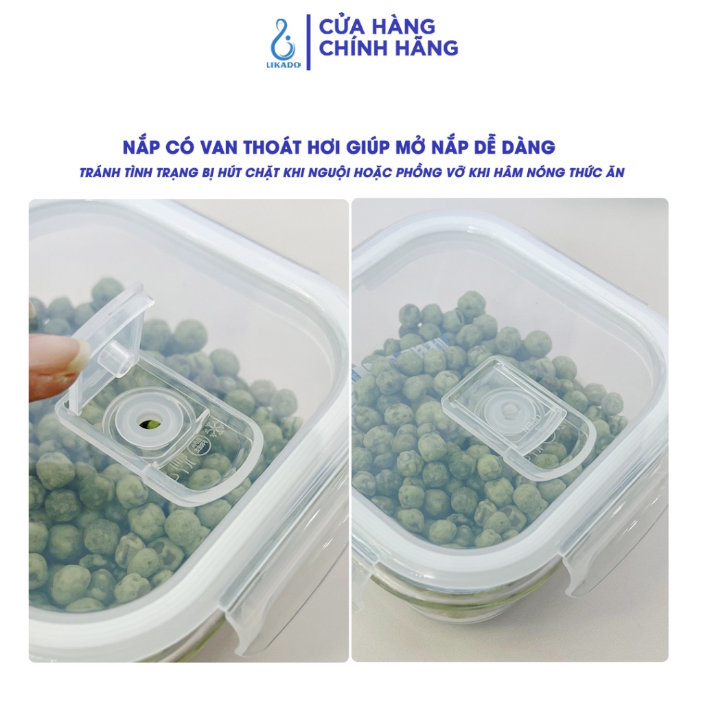 Hộp thủy tinh vuông Likado chịu nhiệt, nắp đậy kín, dùng được trong lò vi sóng