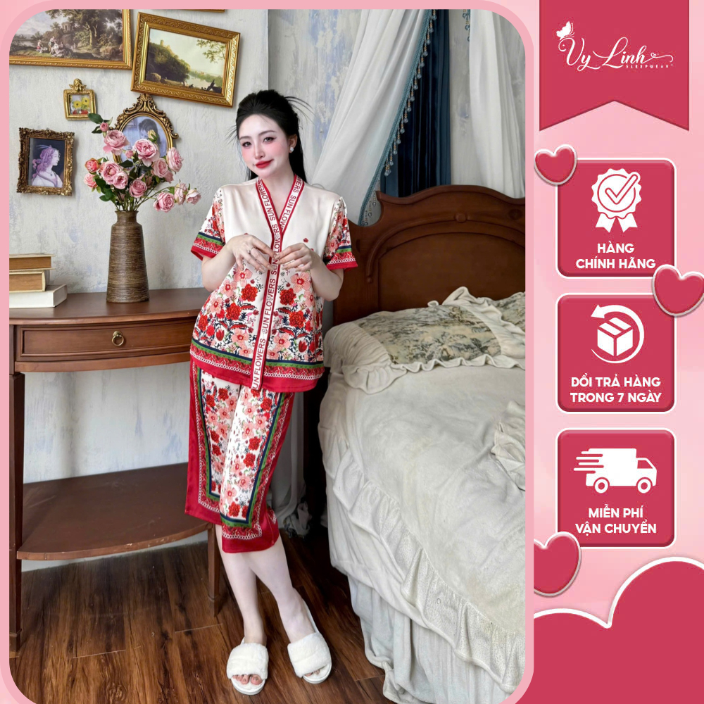 Bộ ngủ nữ cổ Y lửng chất liệu lụa latin thoáng mát thấm hút mồ hôi tốt, mềm mại S1235 họa tiết