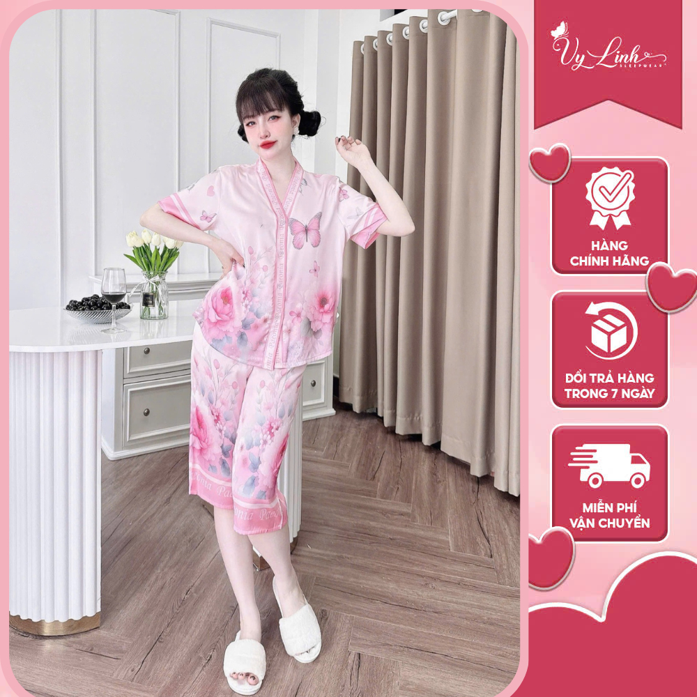 Bộ ngủ nữ cổ Y lửng họa tiết 3D chất liệu lụa latin thoáng mát thấm hút mồ hôi tốt, mềm mại S1235