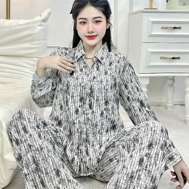 Đồ bộ nữ đồ mặc nhà, đồ ngủ nữ dễ thương,đồ pijama đũi tiểu thư dài tay họa tiết loang hottrend[300]