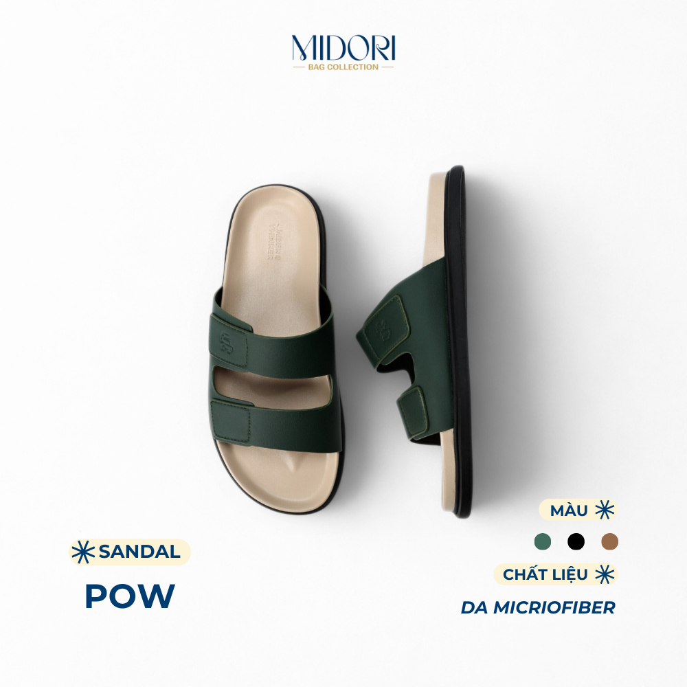 Dép Da Microfiber POW Hai Quai Ngang Nam Nữ Đế Bằng Chống Trơn Trượt | MIDORI BAG COLLECTION